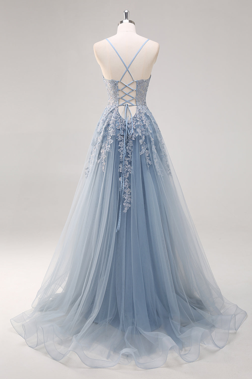 Zapaka Women Blush Long Prom Dress with Slit A Line Spaghetti Straps Lace Up Back Appliqued Evening Dress, Lavender / US20W