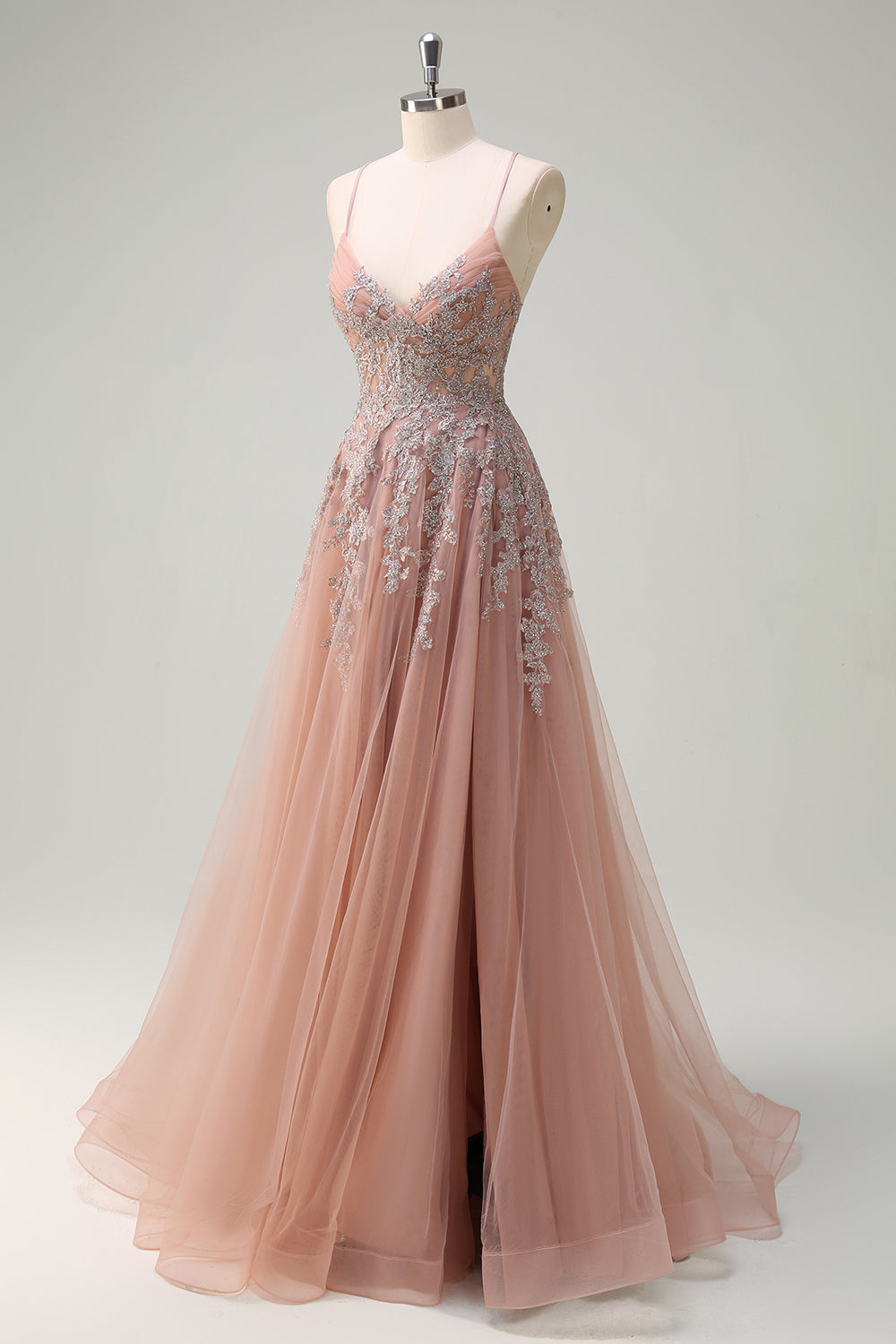 Zapaka Women Blush Long Prom Dress with Slit A Line Spaghetti Straps Lace Up Back Appliqued Evening Dress ZAPAKA Zapaka Women Blush Long Prom Dress with Slit A Line Spaghetti Straps Lace Up Back Appliqued Evening Dress ZAPAKA
