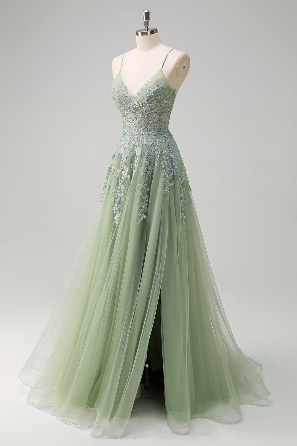 Zapaka Women Blush Long Prom Dress with Slit A Line Spaghetti Straps Lace Up Back Appliqued Evening Dress, Green / US16 Zapaka Women Blush Long Prom Dress with Slit A Line Spaghetti Straps Lace Up Back Appliqued Evening Dress, Green / US16