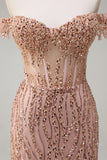 Sparkly Dusty Rose Mermaid Off the Shoulder Long Prom Dress with Slit