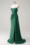 Glitter Dark Green Strapless Mermaid Long Prom Dress with Slit