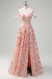 Pink Floral Off The Shoulder A-Line Corset Prom Dress with Slit