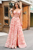 Pink Floral Off The Shoulder A-Line Corset Prom Dress with Slit