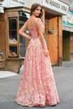 Pink Floral Off The Shoulder A-Line Corset Prom Dress with Slit