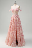 Pink Floral Off The Shouder A-Line Corset Prom Dress with Slit