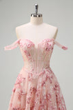 Pink Floral Off The Shoulder A-Line Corset Prom Dress with Slit