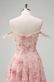 Pink Floral Off The Shouder A-Line Corset Prom Dress with Slit