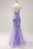 Sparkly Purple Mermaid Spaghetti Straps Corset Long Sequin Prom Dress