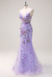 Sparkly Purple Mermaid Spaghetti Straps Corset Long Sequin Prom Dress