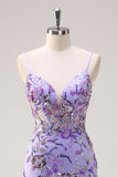 Sparkly Purple Mermaid Spaghetti Straps Corset Long Sequin Prom Dress