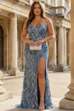 Sparkly Sage Spaghetti Straps Mermaid Long Sequin Prom Dress with Slit