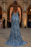 Sparkly Sage Spaghetti Straps Mermaid Long Sequin Prom Dress with Slit