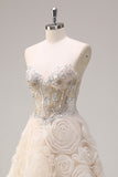 Light Champagne Princess Strapless Floral Corset Long Prom Dress with Sequins