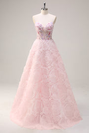 Sparkly Pink Princess Strapless Floral Corset Long Prom Dress With Sequins