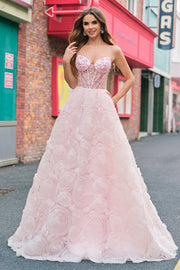 Sparkly Princess Pink Strapless Sequin Corset Floral Long Prom Dress With Pockets