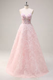 Sparkly Princess Pink Strapless Corset Floral Long Prom Dress With Sequins