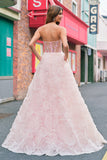 Sparkly Princess Pink Strapless Sequin Corset Floral Long Prom Dress With Pockets