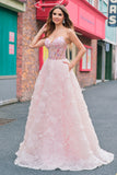 Sparkly Princess Pink Strapless Sequin Corset Floral Long Prom Dress With Pockets