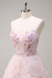 Sparkly Pink Princess Strapless Floral Corset Long Prom Dress With Sequins