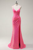 Sparkly Hot Pink Sequin Corset Mermaid Prom Dress with Slit