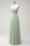 Dusty Sage A Line Chiffon Spaghetti Straps Long Bridesmaid Dress