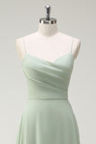 Dusty Sage A Line Chiffon Spaghetti Straps Long Bridesmaid Dress