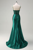 Sparkly Dark Green Mermaid Spaghetti Straps Corset Beaded Prom Dress with Slit