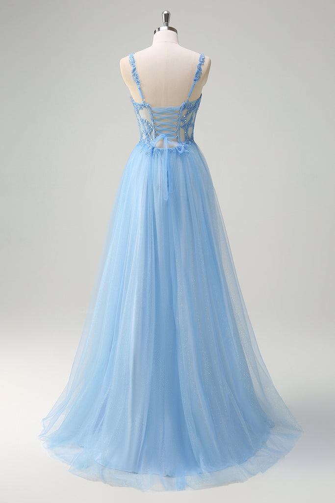 1210570 Blue Patterned Slit Long Dress