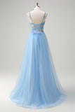 Sparkly Blue A-Line Sheer Corset Lace Up Back Long Prom Dress with Slit