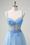 Sparkly Blue A-Line Sheer Corset Lace Up Back Long Prom Dress with Slit