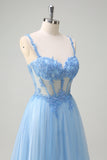 Sparkly Blue A-Line Sheer Corset Lace Up Back Long Prom Dress with Slit