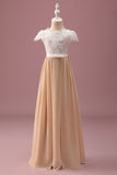 Champagne A Line Lace Junior Bridesmaid Dress With Short Sleeves