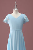 Sky Blue A Line V-Neck Ruched Chiffon Junior Bridesmaid Dress