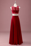 Burgundy Lace Round Neck A Line Long Junior Bridesmaid Dress with Crop Top