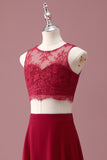 Burgundy Lace Round Neck A Line Long Junior Bridesmaid Dress with Crop Top