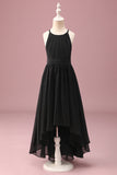 Black Round Neck A Line High Low Junior Bridesmaid Dress with Belt