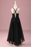 Black Round Neck A Line High Low Junior Bridesmaid Dress with Belt