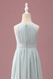 Mint Halter A-Line Pleated Long Junior Bridesmaid Dress