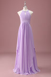 Lilac Beaded Keyhole Halter A Line Long Pleated Junior Bridesmaid Dress