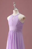 Lilac Beaded Keyhole Halter A Line Long Pleated Junior Bridesmaid Dress