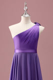 Purple One Shoulder A Line Pleated Chiffon Junior Bridesmaid Dress