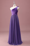 Purple One Shoulder A Line Pleated Chiffon Junior Bridesmaid Dress