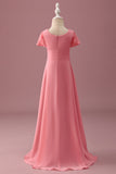 Coral Chiffon Short Sleeves A Line Junior Bridesmaid Dress with Bowknot