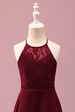 Burgundy Halter Lace A Line Chiffon Long Junior Bridesmaid Dress