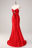 Red Mermaid Strapless Cut Out Ruched Long Prom Dress with Bows