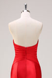 Red Mermaid Strapless Cut Out Ruched Long Prom Dress with Bows