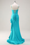 Blue Spaghetti Straps Mermaid Beaded Long Corset Prom Dress with Ruffle Slit