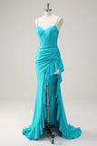 Blue Spaghetti Straps Mermaid Beaded Long Corset Prom Dress with Ruffle Slit