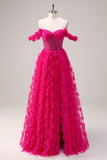 Fuchsia A-Line Tiered Off the Shoulder Long Corset Prom Dress with Beading