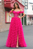 Fuchsia A-Line Tiered Off the Shoulder Long Corset Prom Dress with Beading